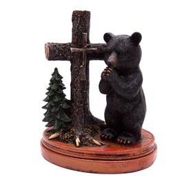 Wowser Decorative Praying Bear Figurine with Cross and Pine Tree, Freestanding Decor, 7.25 inches