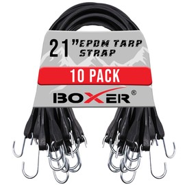 Boxer 21" - 10 Pack Rubber Bungee Cords Heavy Duty Outdoor with 73" Max Stretch 176lbs Load - 100% EPDM Weather Proof Bungee Straps with Crimped S Hook - Truck, Tarps, Motorcycle, RV
