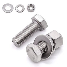 3/8-16 x 1-1/4" Hex Bolts with Hex Nuts and Flat & Lock Washers, 304 Stainless Steel 18-8, Full Thread, Coarse Thread, 6 Sets