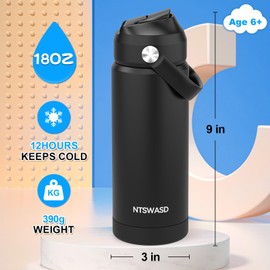 Ntswasd Kids Water Bottle with Straw,18 oz Boys Insulated Cups with Stainless Steel Leak Proof for School Boys Girls,Sport&Travel（Black）