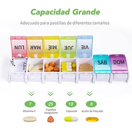 Opret Pastillero Semanal Español, Pastilleros para Medicamentos con Interruptor de Expulsión, Pastillero de Viaje 1 Toma, Organizador Pastillas 7 Dias y Dispensador Comprimidos para Viaje