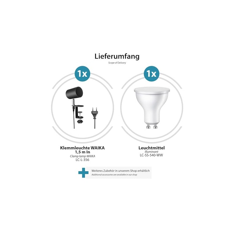 ledscom.de ledscom.de 2 Stck Klemmleuchte WAIKA, Schalter, schwarz matt, inkl.