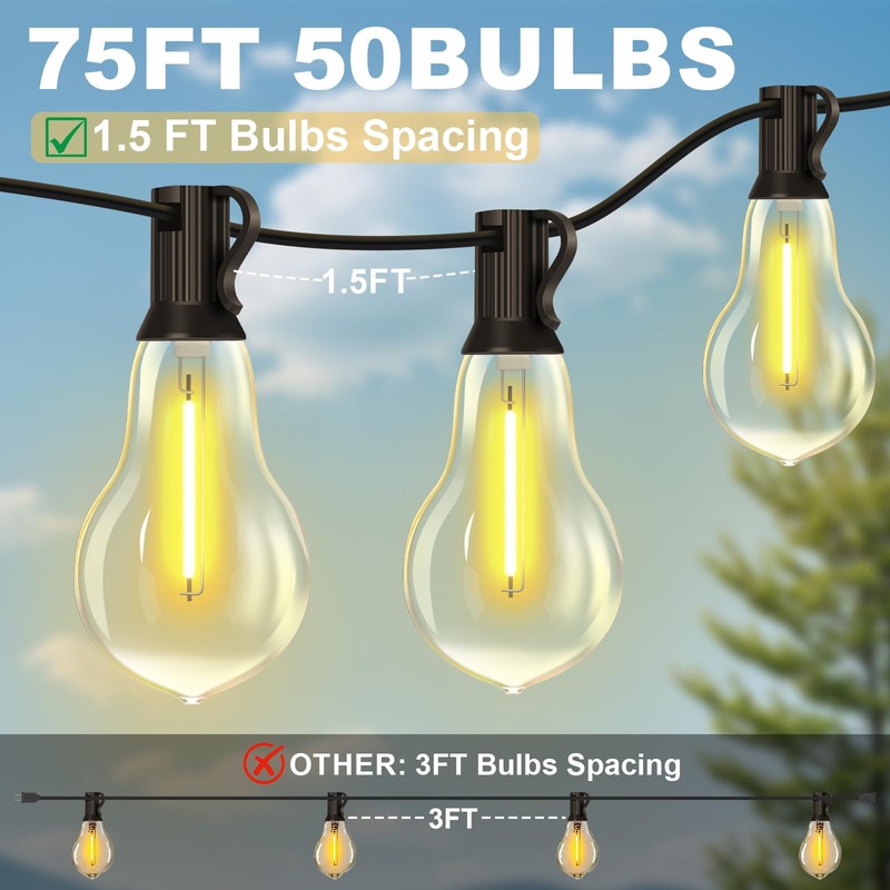 Porbench 75FT Outdoor String Lights Waterproof with 50+4 Bulbs (1.5FT