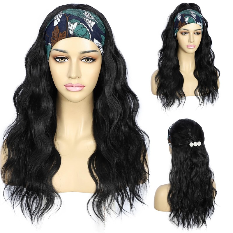 SAPPHIREWIGS Pelucas sintéticas negras con diadema y ondas corporales para