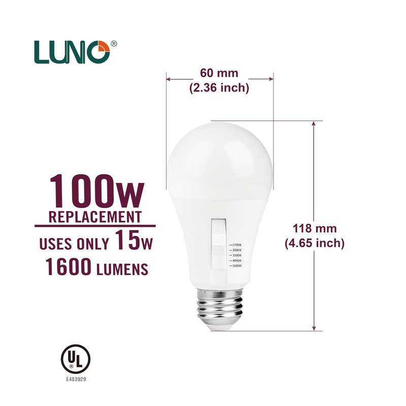 LUNO A19 Dimmable LED Bulb, 15W (100W Equivalent), 1600 Lumens,
