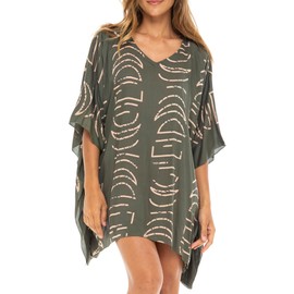Back From Bali Womens Swimsuit Cover Up Khaki Green Short Poncho Geometric Print Pullover Beach Caftan