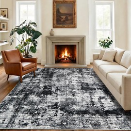 5x7 Modern Abstract Area Rug, Soft Faux Cashmere Non Slip Washable Carpet, Low Pile Stain Resistant Non Shedding Rug for Living Room Bedroom Dining Room Nursery Home Office, Black Gray