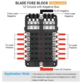 Electop 12-Way Blade Fuse Block, 12 Circuits with Negative Bus Fuse Box Holder with LED Indicator Damp-Proof Protection Cover Sticker for Automotive Car Truck Boat Marine RV Van