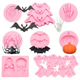 Halloween Silicone Molds Set, 8 Pieces, Bat Spider Ghost Pumpkin Skull Skeleton Hand Design for DIY Crafts, Pink