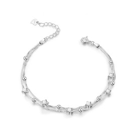 Star Bracelet for Women Teen Girls, Y2k Silver Double Layered Star Beaded Charm Bracelets Trendy Adjustable Stackable Copper Bracelet Holiday Jewelry Gifts (MC-B97-star)