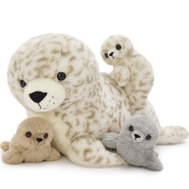 BENINY 4 Pcs Seal Stuffed Animal Set, 20" Mother Plush Toy with 3 Babies in Mom's Belly, Cute Leopard Stuffed Seal Plushie for Girls Boys Kids, Kawaii Chirstmas Bithday