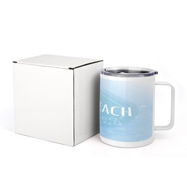Lunarable Myrtle Beach 10 Oz Steel Mug, South Carolina Beach Lettering with Sun Umbrella and Starfish Sketch, Vacuum Insulated Leak-resistant Cup for Outdoor Hiking and Picnics, Pale Blue White Blue