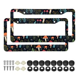 2 Pcs Enchanted Forest Mushroom License Plate Frames Cover Holders Aluminum Alloy License Plate Cover with Screw Caps Cover and Screwdriver Set - 2-Hole for Girl Women
