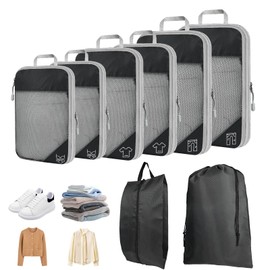 8 Set Compression Packing Cubes for Travel, Expandable Luggage Organizer with Shoe Bag & Laundry Bag - Lightweight Suitcase & Backpack Travel Essentials (Black)