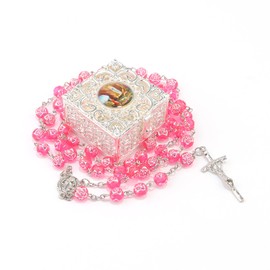 WHLHMK Rosary Beads Catholic for Women With Vintage Jewelry Box, Pink Crystal Rosary Necklace with Metal Gift Box, First Communion Rosary for Anglican Prayer Beads Catholic Gifts