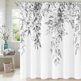 Grey Shower Curtain Gray Eucalyptus Shower Curtains for Bathroom Watercolor Gray Leaves Plants Floral Bathroom Bathtub Curtains Black and White Aesthetic Fabric Shower Curtain Sets 72x72 in with Hooks