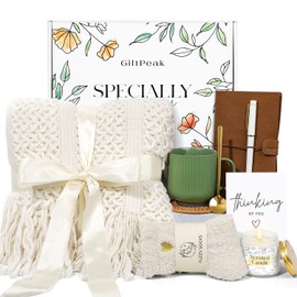 Get Well Soon Gifts for Women, Sympathy Gift Baskets, Thinking of You Care Package, Sending Hugs Box, After Surgery Feel Better Gifts with Snuggly Knitted Tassel Blanket (Ivory)