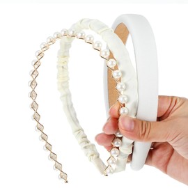 3 PCS White Headband, Pearl Headband, White Cute Headbands for Women Non Slip Pearl Wide Headbands Fashion Pretty Beaded Hair Band Vintage Hair Accessories for Womens Girls Brides Weddings Anniversary