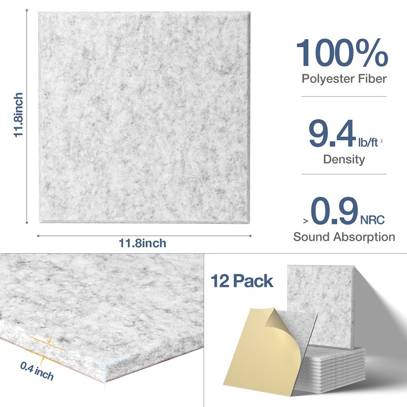 22 Pack Self Adhesive Acoustic Panels, 12" X 12" X