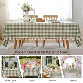 JIALE Checkered Table Cloth Rectangle Cotton Linen Fabric Gingham Tablecloth with Tassel Washable Wrinkle Free Buffalo Plaid Table Cover for Spring Picnic Kitchen Dining,Green and White,55x106''