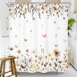 Riyidecor Brown Wildflower Floral Shower Curtain for Bathroom Decor 72Wx72H Beige Flower Plants Leaves Butterfly Farmhouse Women Girl Art Printed Fabric Polyester Waterproof 12 Pack Plastic Hooks