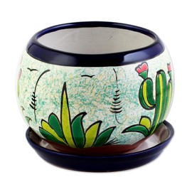 NOVICA Artisan Handcrafted Ceramic Flower Pot with Cactus Images Multicolor Mexico Outdoor Living Pots Hacienda Leaf Tree Nature [5in H x 7in Diam. Saucers 1in H x 6.75in Diam.] ' Mexican Memories'