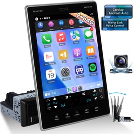 [2+64G] 9.5 inch Vertical Touchscreen Single Din Car Stereo - Wireless Carplay and Android Auto - Android Car Radio with GPS Navigation/WiFi/Mirror Link/SWC + AHD Backup Camera