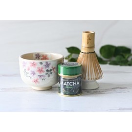 Pink Flowers Ceramic Matcha Set - Japanese Matcha Bowl, Ceremonial Matcha 30g, Bamboo Matcha Whisk and Whisk Holder - Handcrafted Matcha Cup, 100 Prongs Chasen by Aprika Life