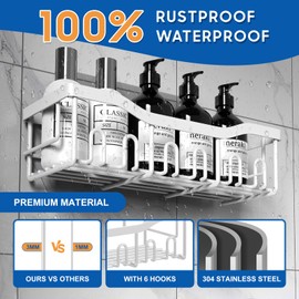 Prlsca Adhesive Shower Caddy with Hooks, 5 Pack Stainless Steel Bath Organizers,No Drilling, Large Capacity Rustproof Shelves for Bathroom Storage & Home Decor（Silver） (White)