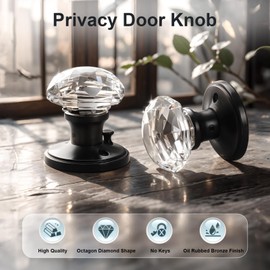 KNOBWELL Interior Glass Door Knobs for Bedroom Bathroom, Crystal Door Knob in Oil Rubbed Bronze Finish, Keyless Privacy Door Knobs with Lock, 5 Pack