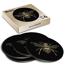 4 x Round Coasters - Golden Bumble Bee Sketch Cork Backed MDF Glossy Tea Coffee Accessory #51044