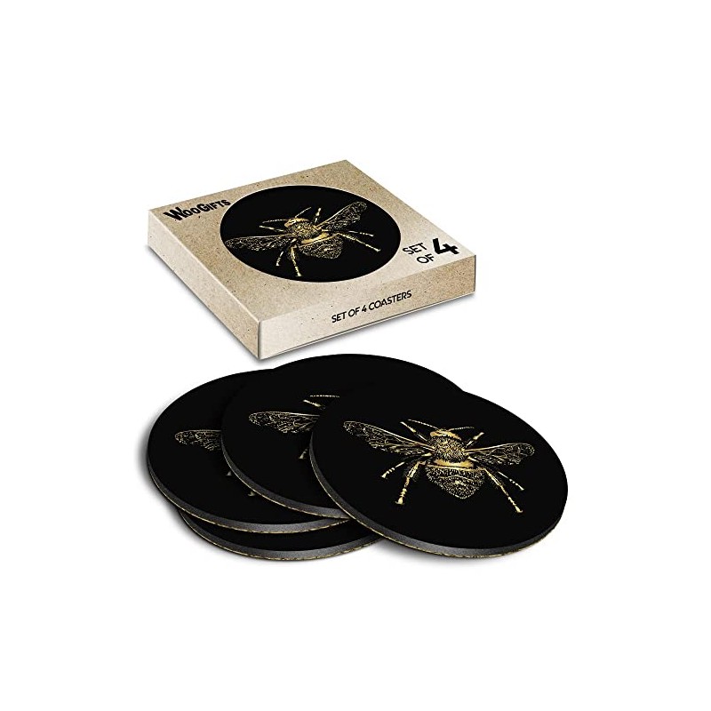 4 x Round Coasters - Golden Bumble Bee Sketch Cork