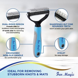 Fur Magic Dematting Comb for Dog & Cat – Pet Deshedding Tool for Removing Loose Undercoat, Knots, Mats – Dog Brush for Grooming – Dual Sided Undercoat Rake
