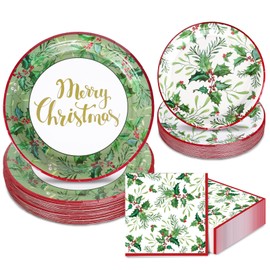 JarThenaAMCS Merry Christmas Party Supplies Kit Serves 24 Holly Paper Plates and Napkins for Xmas Holiday Party, 72Pcs