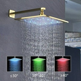 BWE Gold Shower Faucet Set System Led 12" Rainfall Head Combo 3 Function Mixer Valve