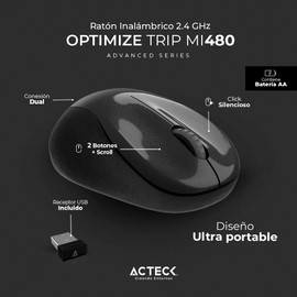 Acteck Mouse Inalambrico 2.4 GHz Optimize Trip MI480 / Diseño Ultra Portable de 1600 dpi s 2 Botones + 1xBat AA Incluida Negro Advanced Series
