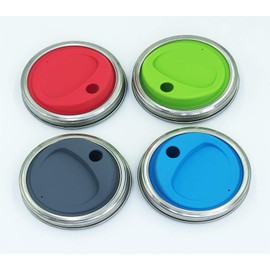 THINKCHANCES Reusable Food Grade and BPA Free Silicone Round Sip Coffee Juice Drinking Straw Lid Set with Stainless Steel Rings for Mason, Ball, Canning Jars, Pack of 4 Sets (Wide Mouth,Round Hole)
