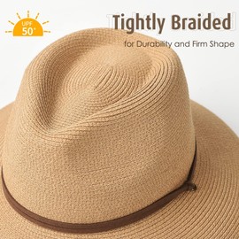 FURTALK Unisex Summer Straw Sun Hats Womens Wide Brim Panama Fedora Beach Hat with Wind Lanyard Khaki