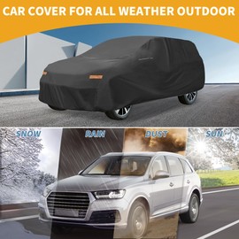 Partuto Waterproof All-Weather Universal Car Cover with Right Side Zipper & Mirror Pocket, 190T-PU Black Fits for SUV 190" to 200" Length
