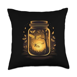 Nice Fireflies in a Jar Fantasy Jar with Glowing Insects for Dreaming Summery Night Throw Pillow, 18x18, Multicolor