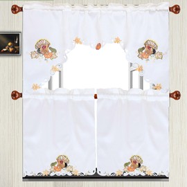 Simhomsen Fall Autumn Embroidered Turkey Kitchen Window Curtain Swag and Tiers Set for Thanksgiving Holiday (Turkeys)