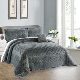 Serenta Super Soft Microplush Quilted 4 Piece Bedspread Set, Queen, Steel Grey