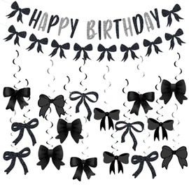 2-Piece Set Black Birthday Decorations, Black Happy Birthday Banner with Bow Garland and Hanging Swirls, Ideal for Girls Birthday Party, Baby Shower