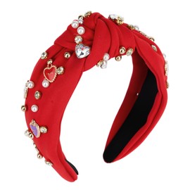 CURASA Valentine's Day Headband for Women Girls Love Heart Red Knotted Headband Pearl Crystal Rhinestone Jeweled Headpiece Wide Top Knot Twist HairBand Fashion Heart Accessories Party Holiday Gifts