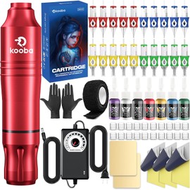KOOBA Kit Completo de Máquina de Tatuar con Pluma Rotativa Profesional, Regulador de Potencia, 20 Cartuchos Y Agujas, 7 Tipos de Tinta para Principiantes (Rojo)