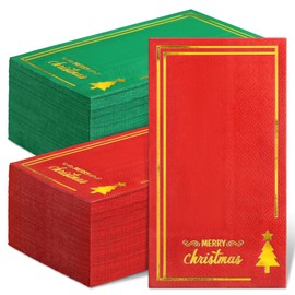 Kochorie 100 Pieces Christmas Napkins Disposable Gold Foil Christmas Trees Paper Napkin 4.3 x 7.9 Inch Decorative Guest Napkins 2-ply Red Green Hand Towels for Xmas Holiday Cocktail Party Décor