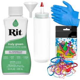 Rit Dye Liquid Truly Green All-Purpose Dye (8oz) - Pixiss Tie Dye Kit and Accessories Set Bundle with Rubber Bands, Gloves, Funnel and Squeeze Bottle - Tie Dye Party Supplies