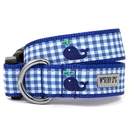 The Worthy Dog Gingham Whales Stylish & Durable Nylon Dog Collars, Adjustable Strong Buckle - Large, Blue