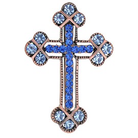 Alilang Copper Tone Sapphire Blue Colored Rhinestones Holy Cross Brooch Pin
