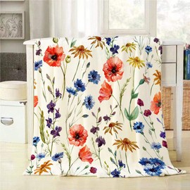 Mugod Wildflowers Throw Blanket Colorful Watercolor Flowers Poppy Cornflower and Chamomile Decorative Soft Warm Cozy Flannel Plush Throws Blankets for Bedding Sofa Couch 40 X 50 Inch